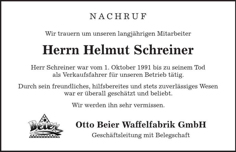 Traueranzeige Helmut Schreiner