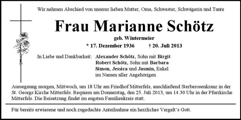 Traueranzeige Marianne Schötz