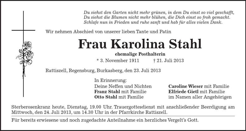 Traueranzeige Karolina Stahl