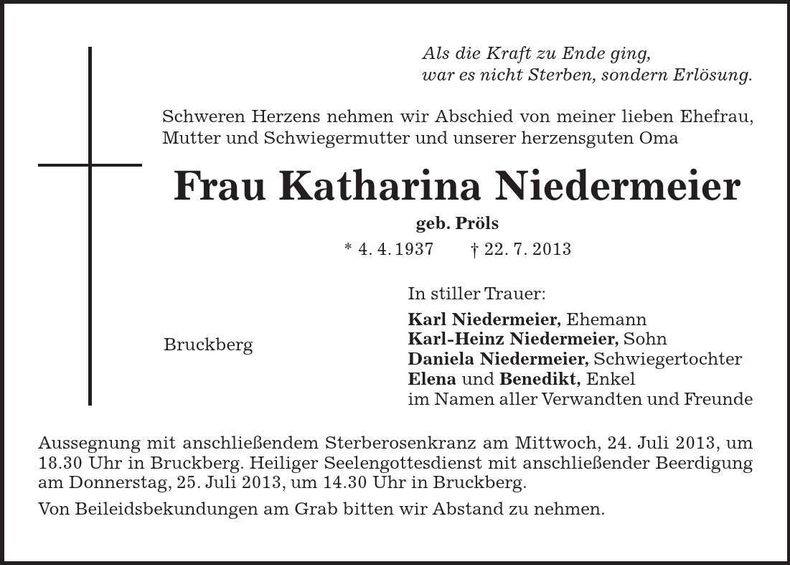 Traueranzeige Katharina Niedermeier