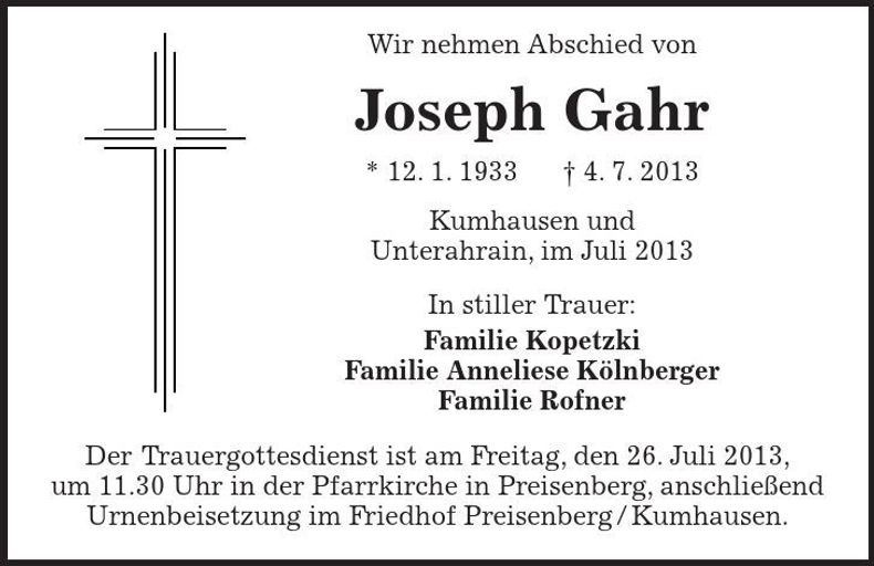 Traueranzeige Joseph Gahr