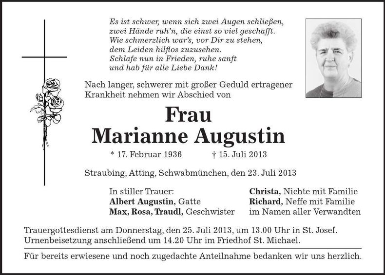 Traueranzeige Marianne Augustin