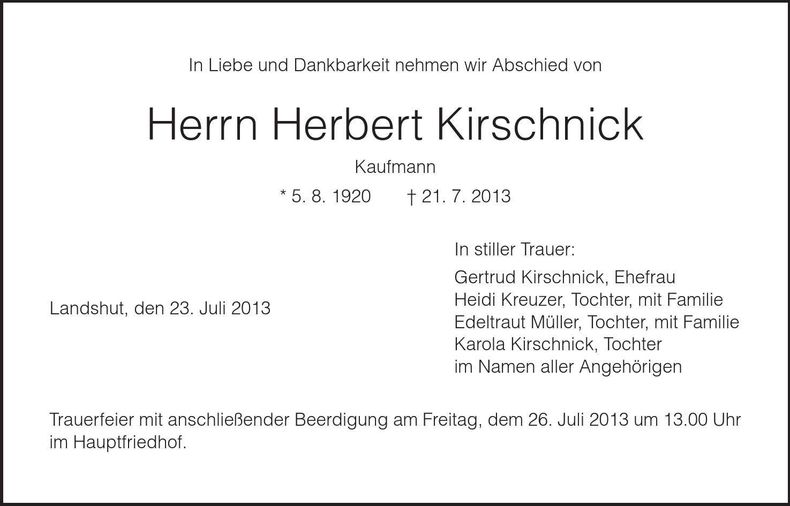 Traueranzeige Herbert Kirschnick
