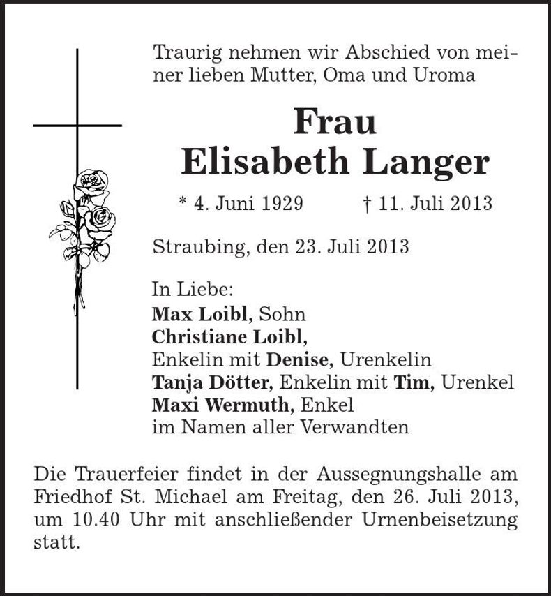 Traueranzeige Elisabeth Langer