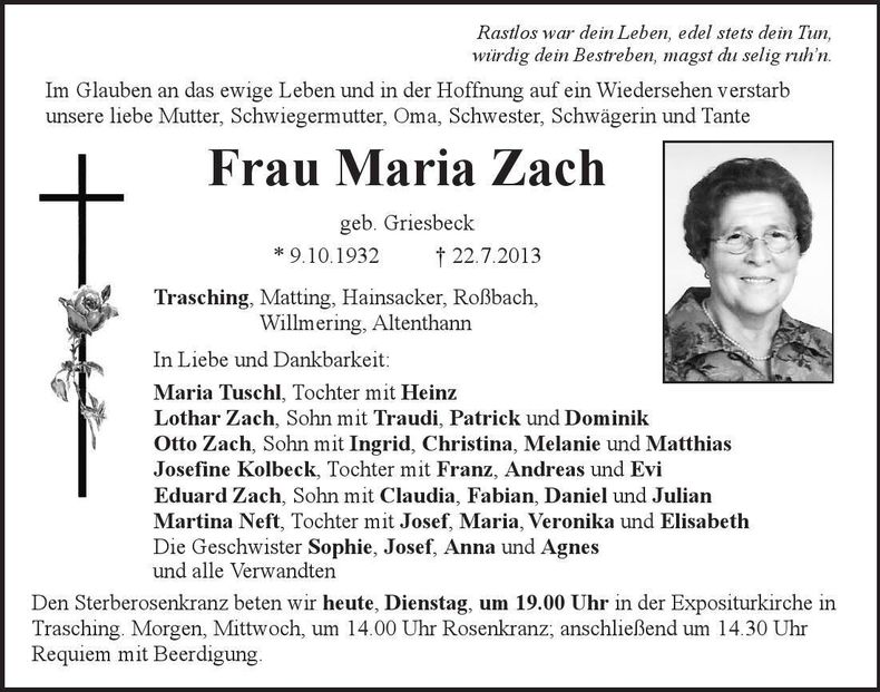 Traueranzeige Maria Zach
