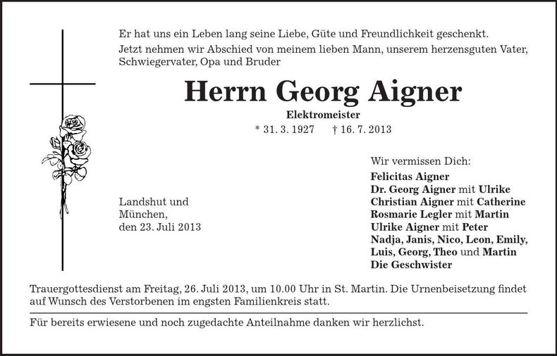Traueranzeige Georg Aigner