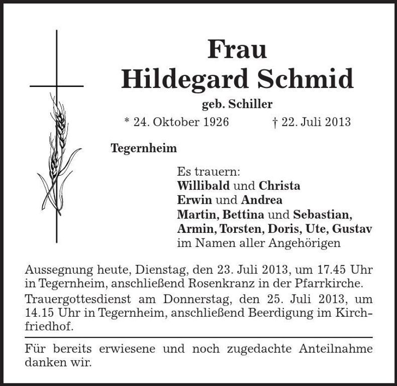 Traueranzeige Hildegard Schmid
