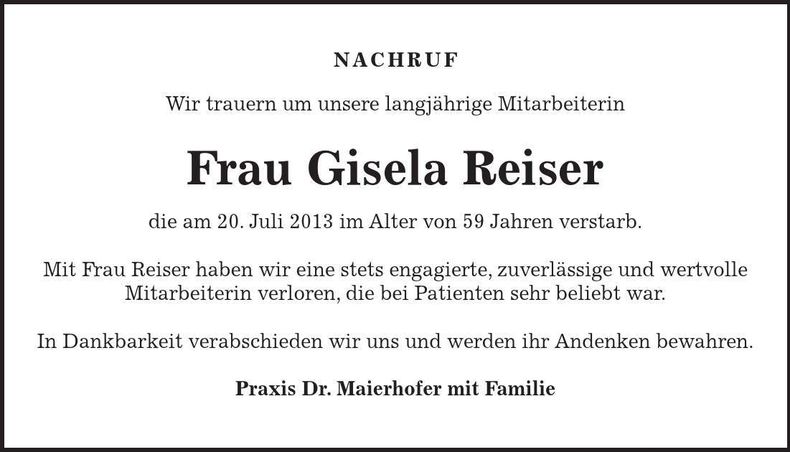 Traueranzeige Gisela Reiser