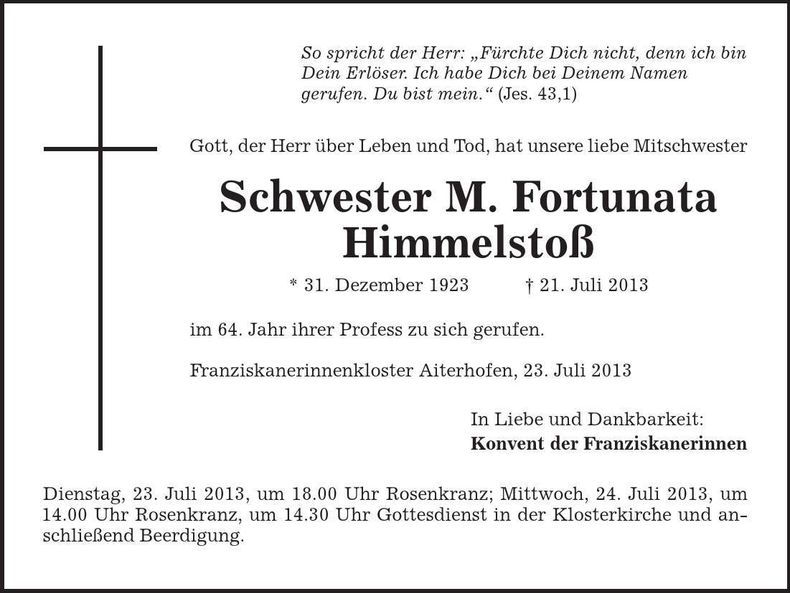 Traueranzeige Fortunata Himmelstoß