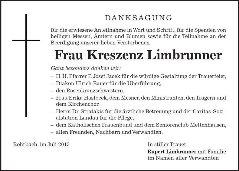Traueranzeige Kreszenz Limbrunner