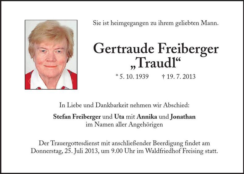 Traueranzeige Gertraude Freiberger