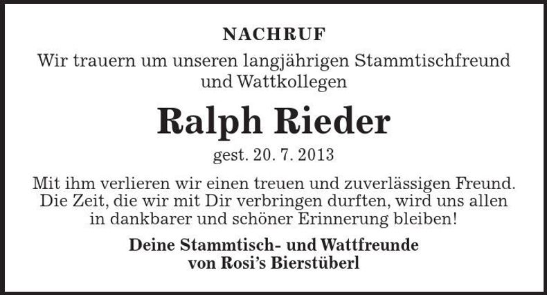 Traueranzeige Ralph Rieder