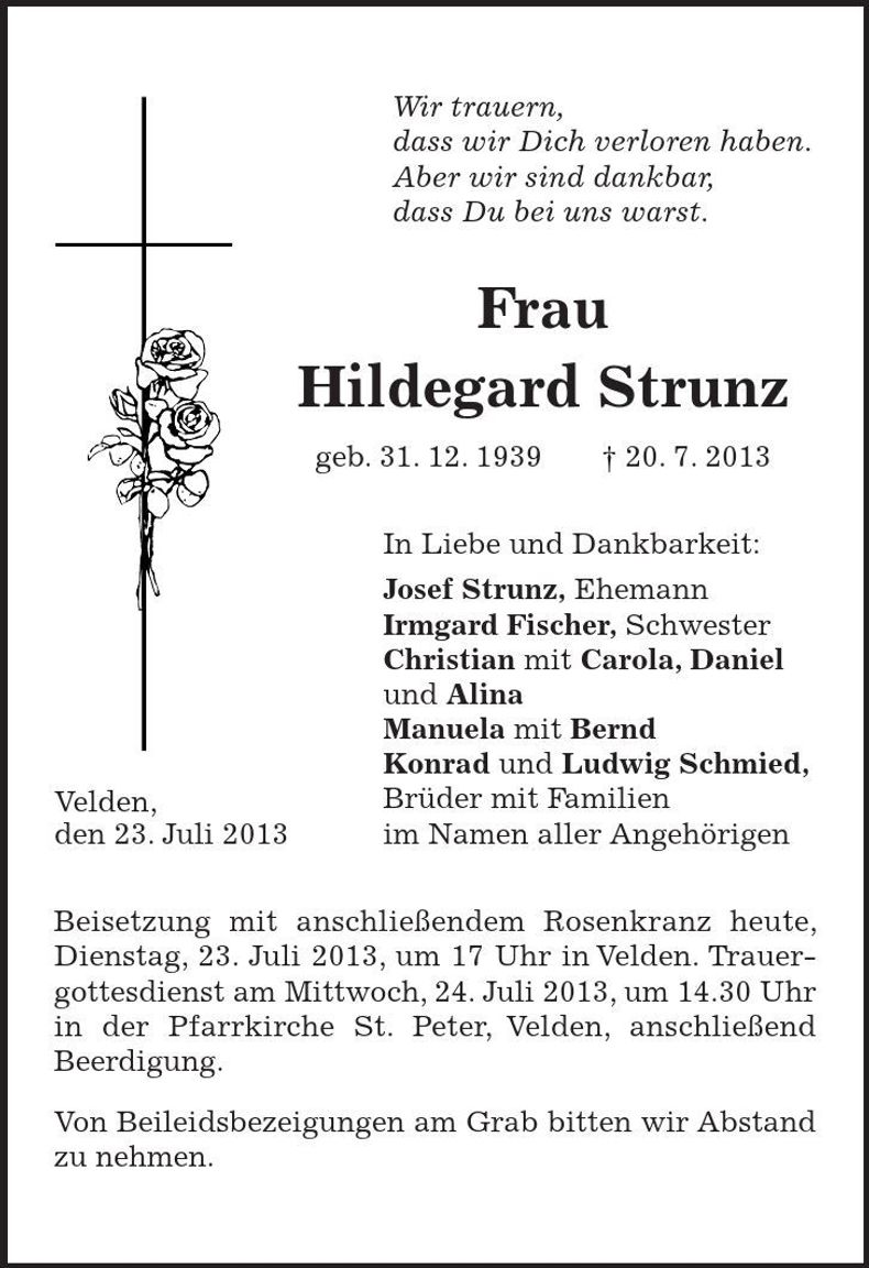 Traueranzeige Hildegard Strunz