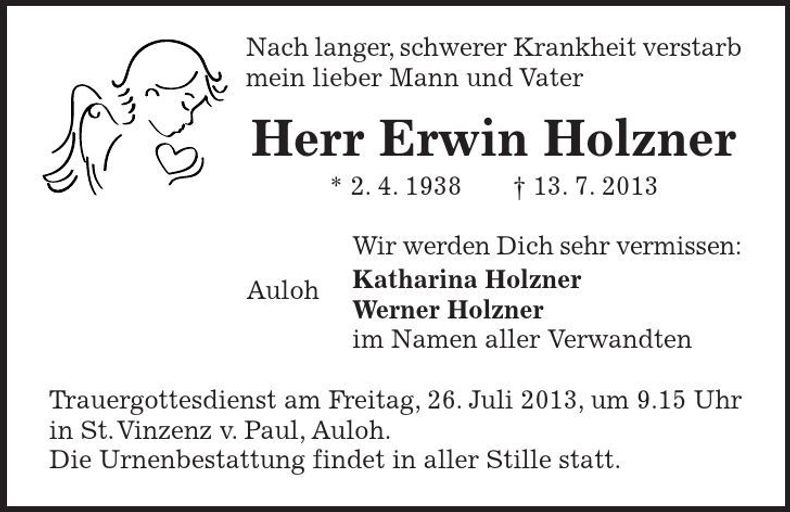 Traueranzeige Erwin Holzner