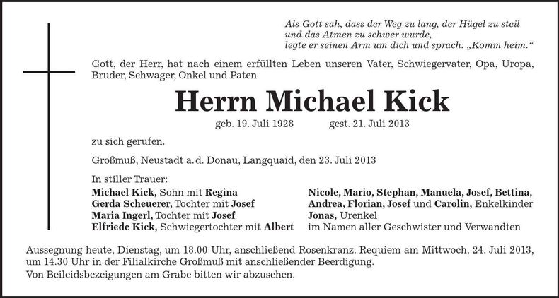 Traueranzeige Michael Kick