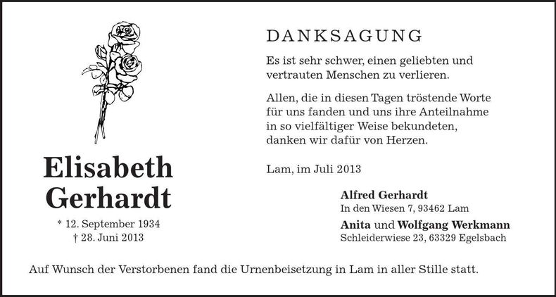 Traueranzeige Elisabeth Gerhardt