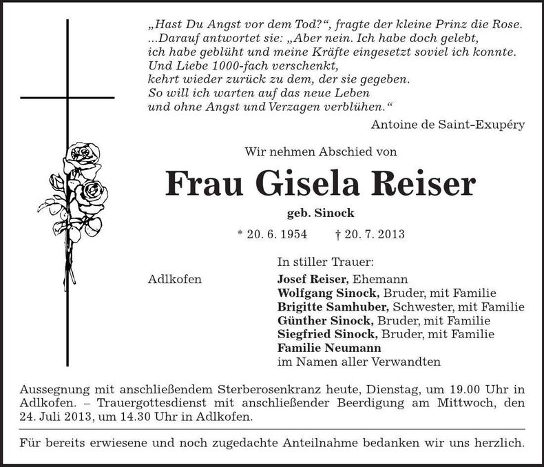 Traueranzeige Gisela Reiser