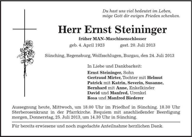 Traueranzeige Ernst Steininger