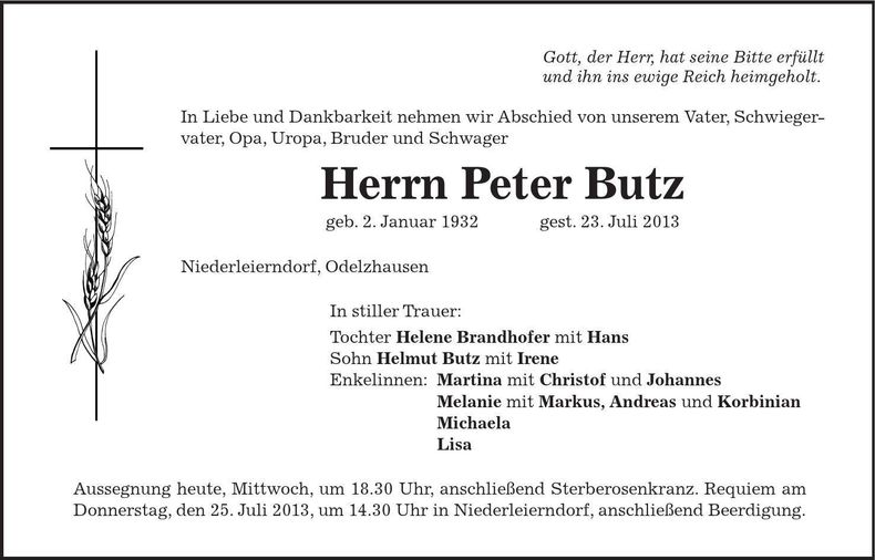 Traueranzeige Peter Butz