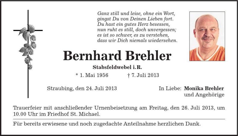 Traueranzeige Bernhard Brehler