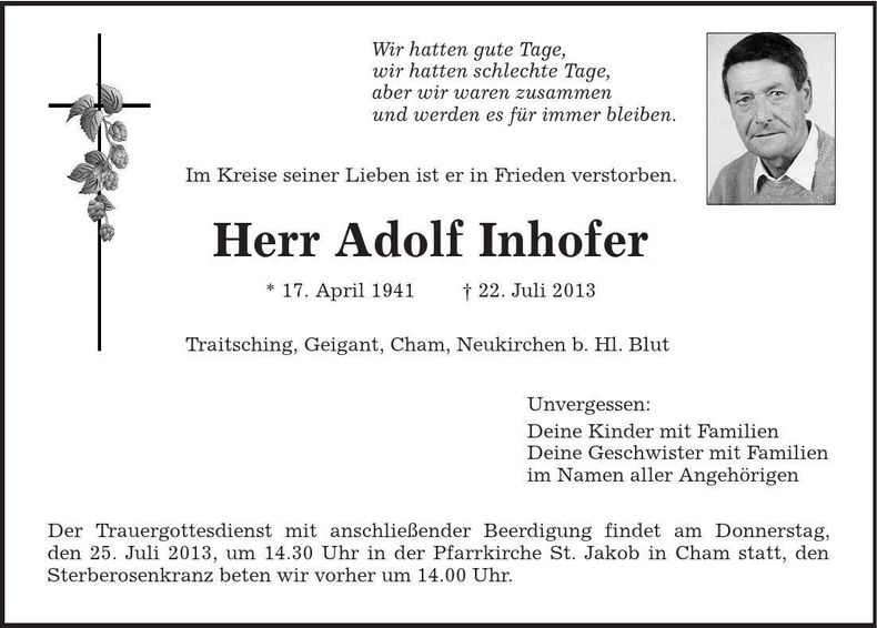 Traueranzeige Adolf Inhofer