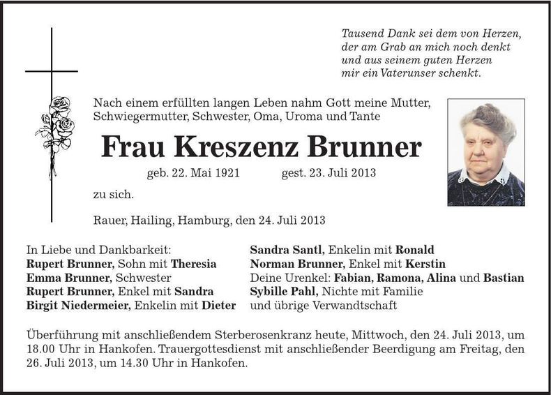 Traueranzeige Kreszenz Brunner