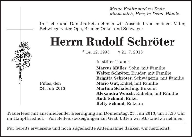 Traueranzeige Rudolf Schröter