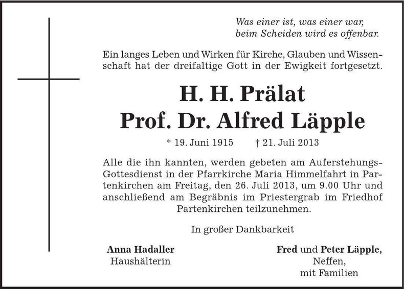 Traueranzeige H. H. Prälat Prof. Dr. Alfred Läpple