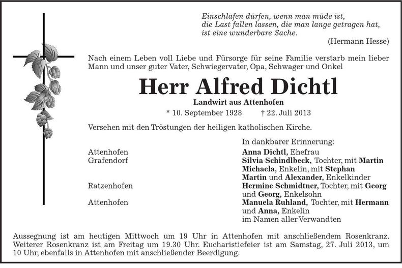 Traueranzeige Alfred Dichtl