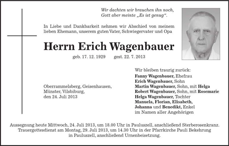 Traueranzeige Erich Wagenbauer