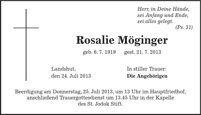 Traueranzeige Rosalie Möginger