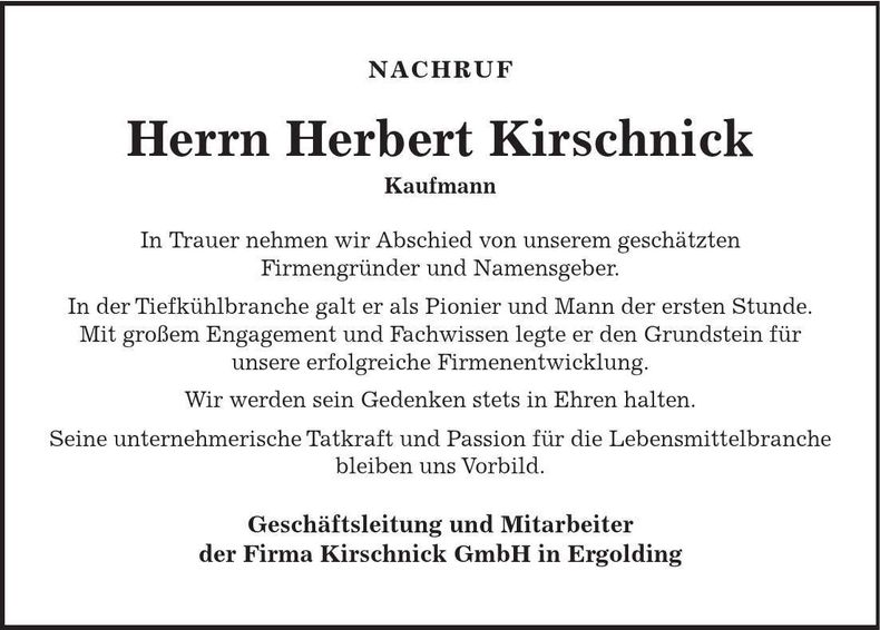 Traueranzeige Herbert Kirschnick