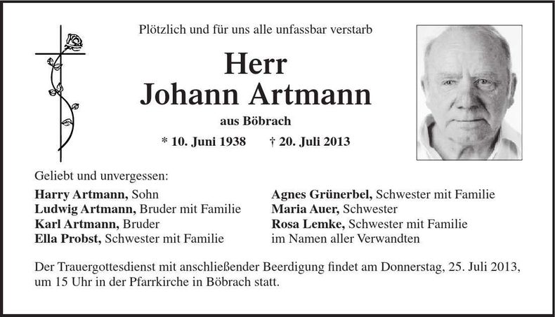 Traueranzeige Johann Artmann