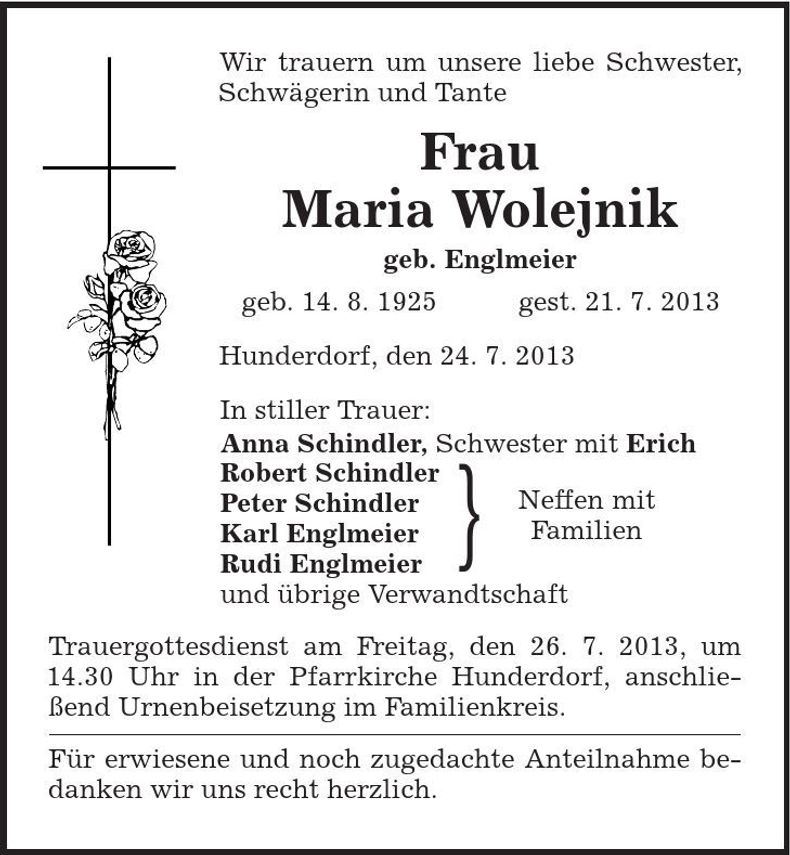 Traueranzeige Maria Wolejnik