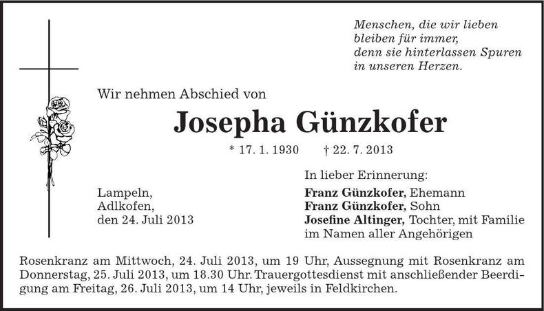 Traueranzeige Josepha Günzkofer