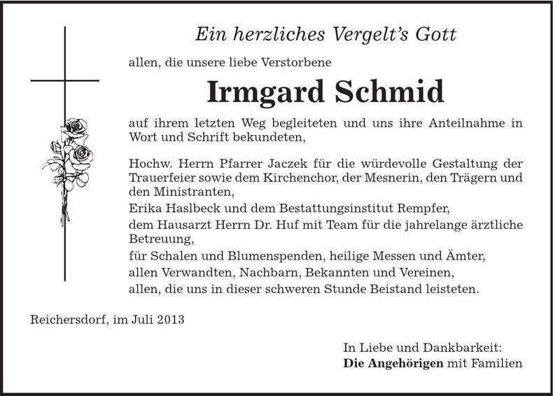 Traueranzeige Irmgard Schmid