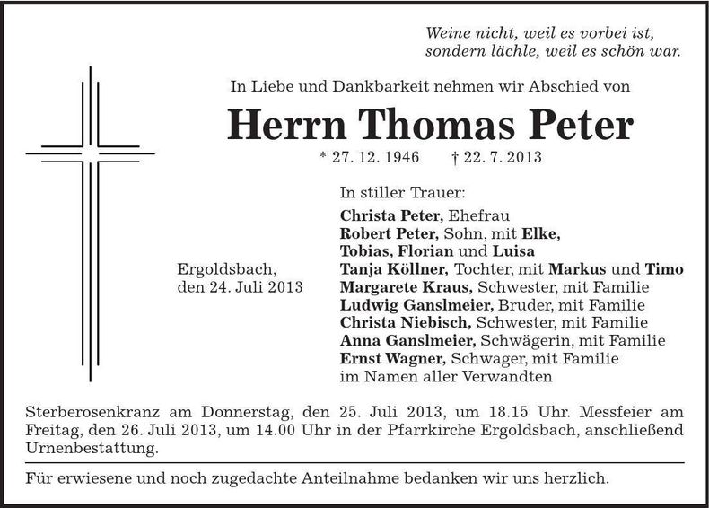 Traueranzeige Thomas Peter