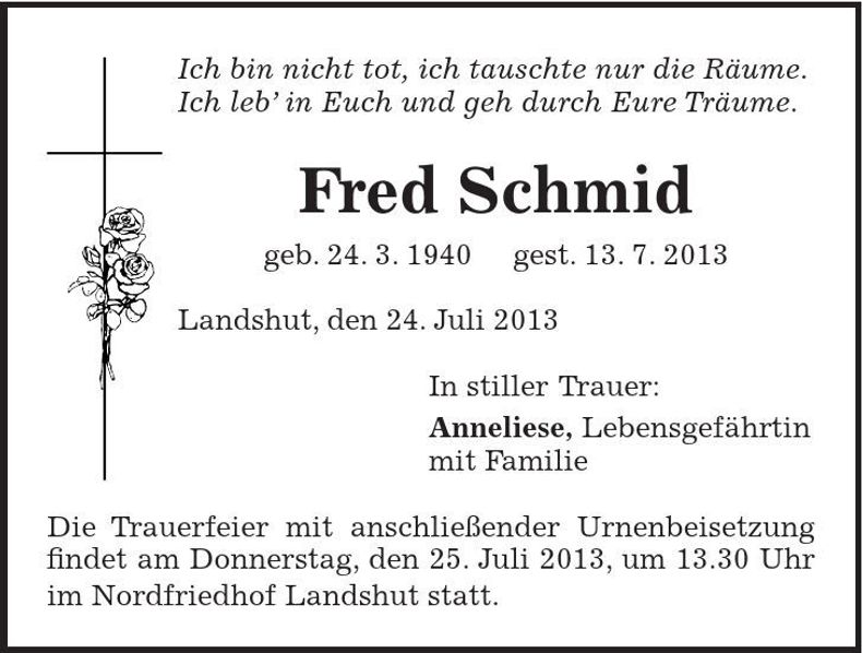 Traueranzeige Fred Schmid