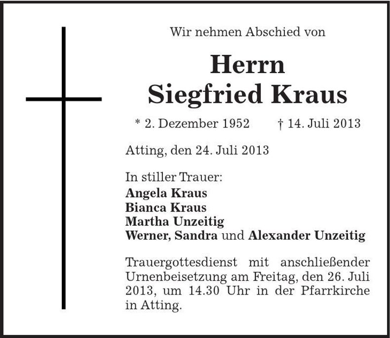 Traueranzeige Siegfried Kraus