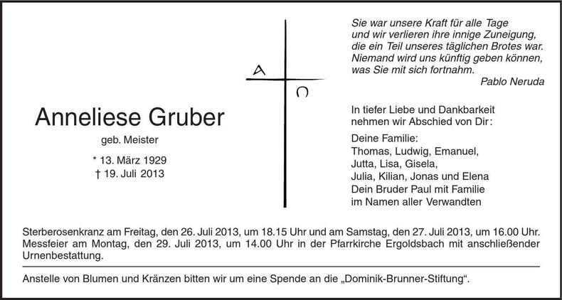 Traueranzeige Anneliese Gruber