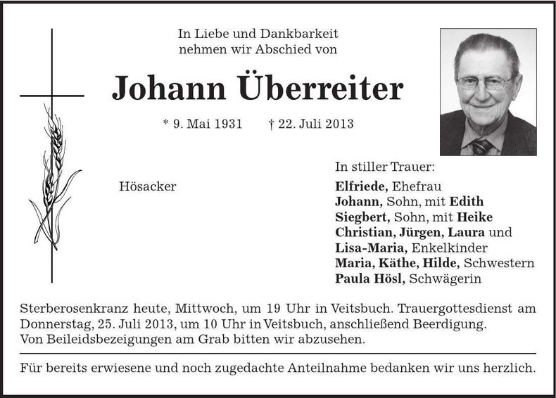 Traueranzeige Johann Überreiter