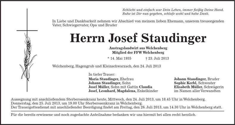 Traueranzeige Josef Staudinger