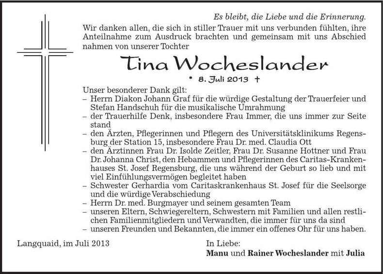 Traueranzeige Tina Wocheslander
