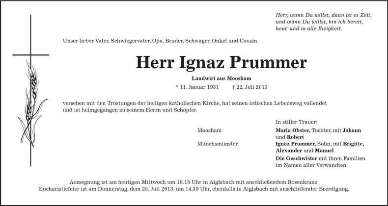 Traueranzeige Ignaz Prummer
