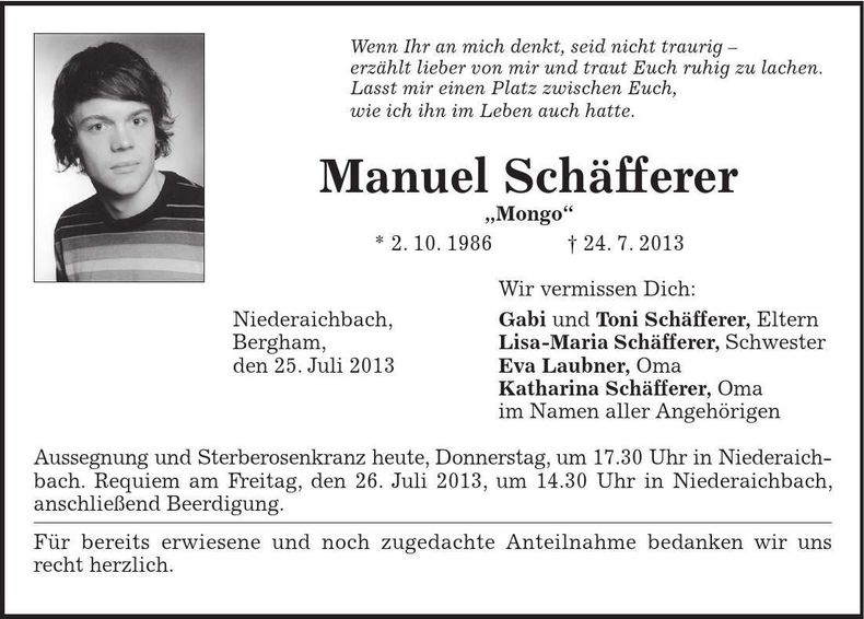 Traueranzeige Manuel Schäfferer
