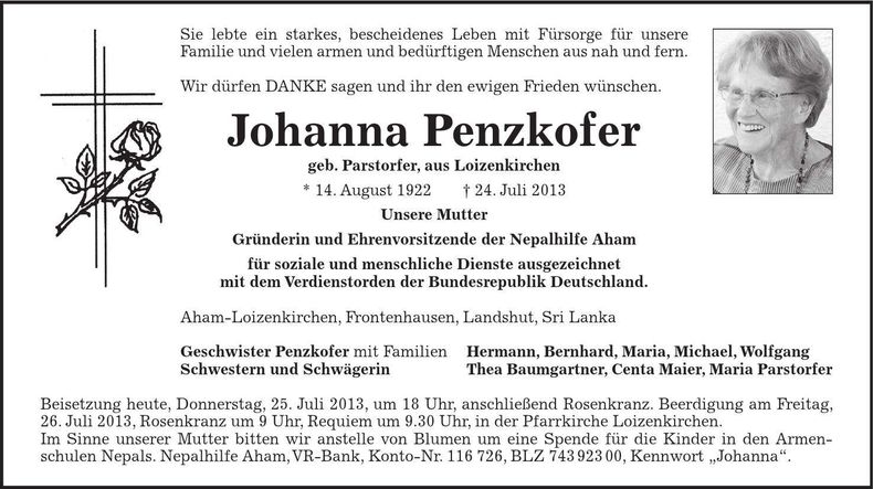 Traueranzeige Johanna Penzkofer