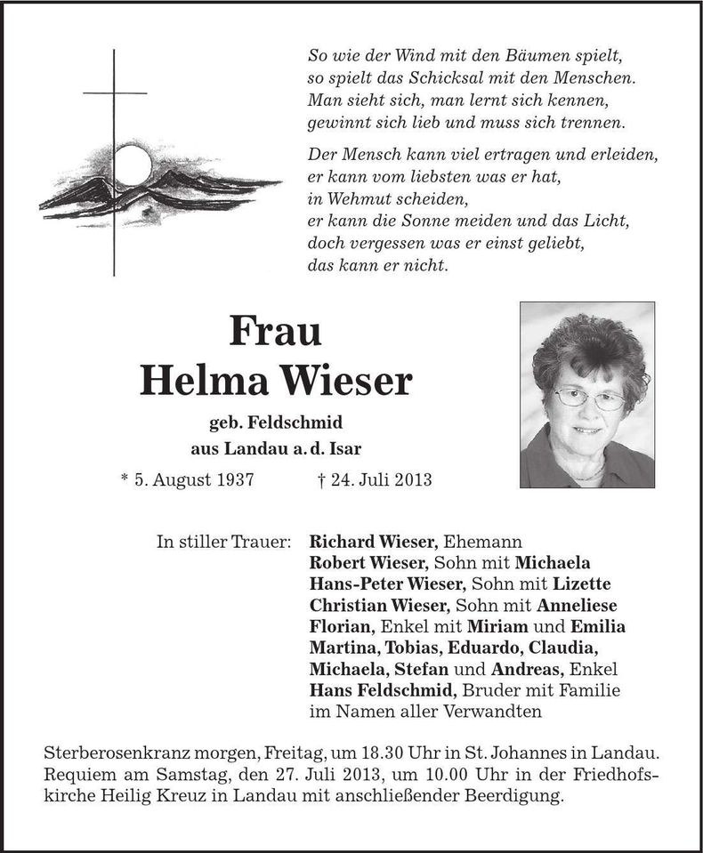 Traueranzeige Helma Wieser