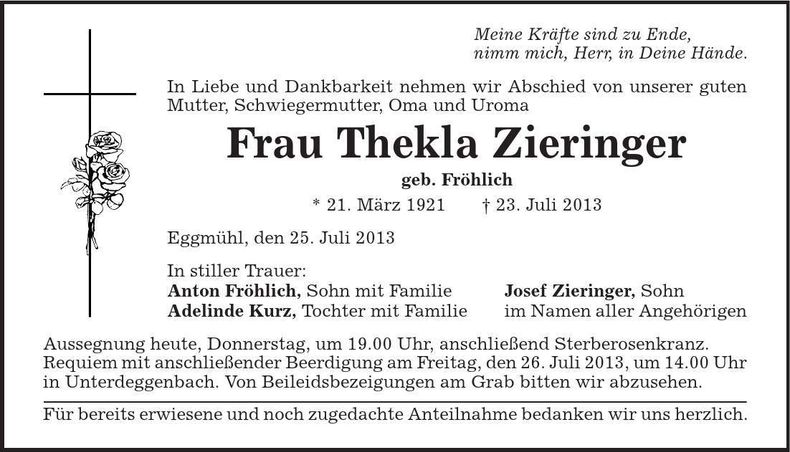 Traueranzeige Thekla Zieringer