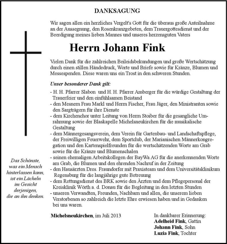 Traueranzeige Johann Fink