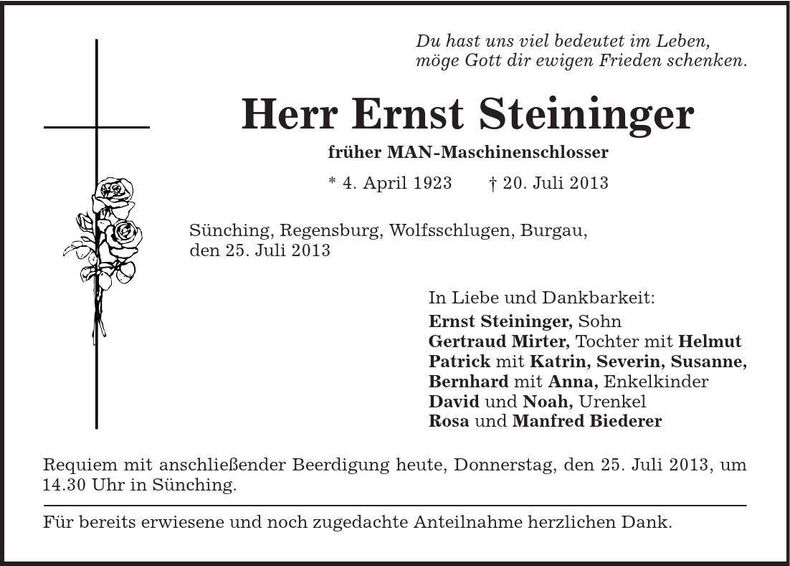 Traueranzeige Ernst Steininger